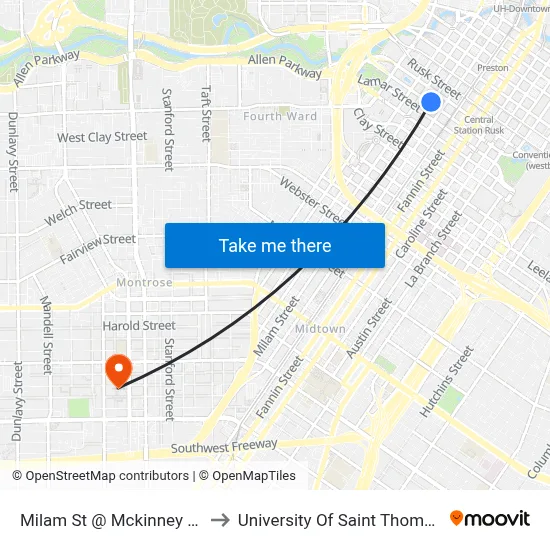 Milam St @ Mckinney St to University Of Saint Thomas map