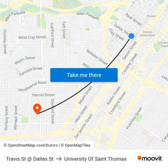Travis St @ Dallas St to University Of Saint Thomas map
