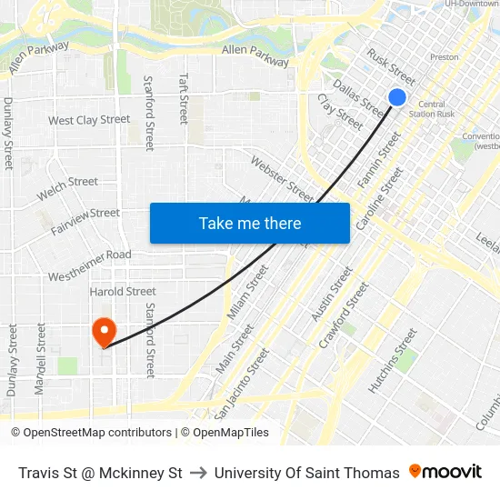 Travis St @ Mckinney St to University Of Saint Thomas map