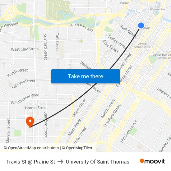 Travis St @ Prairie St to University Of Saint Thomas map