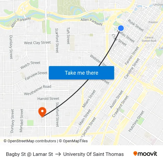 Bagby St @ Lamar St to University Of Saint Thomas map