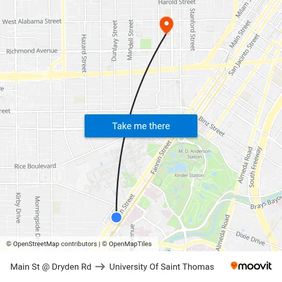 Main St @ Dryden Rd to University Of Saint Thomas map