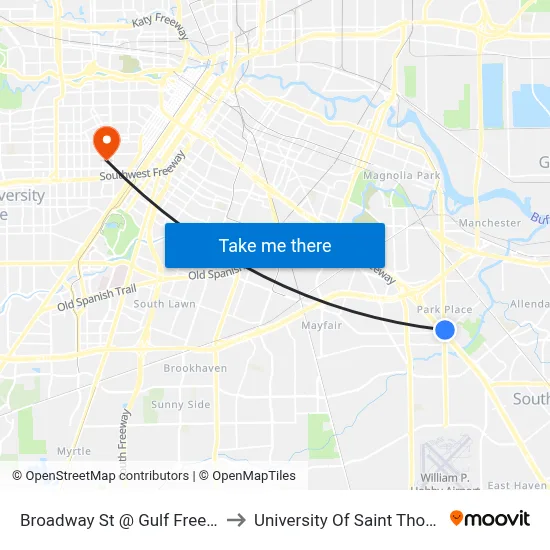 Broadway St @ Gulf Freeway to University Of Saint Thomas map