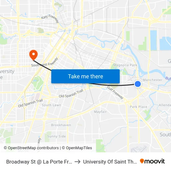 Broadway St @ La Porte Freeway to University Of Saint Thomas map
