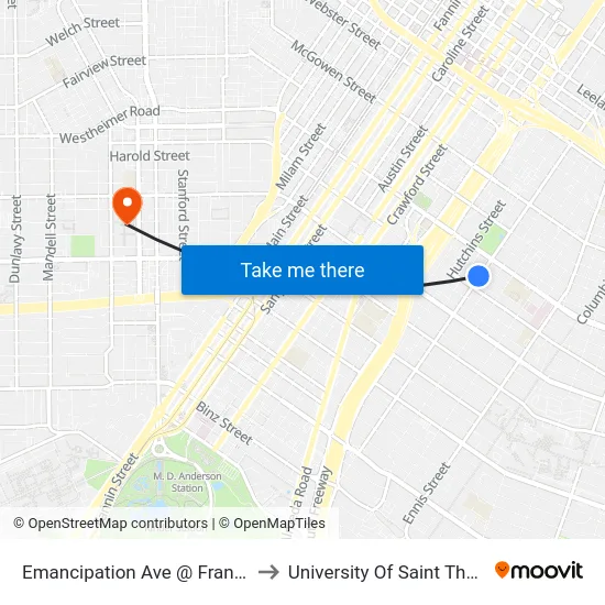 Emancipation Ave @ Francis St to University Of Saint Thomas map
