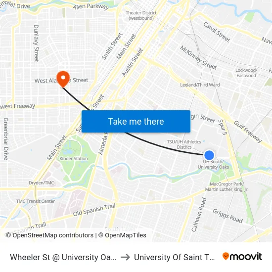 Wheeler St @ University Oaks Blvd to University Of Saint Thomas map