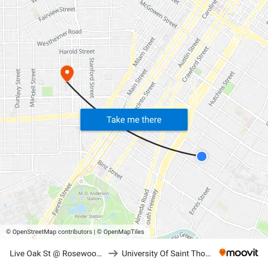Live Oak St @ Rosewood St to University Of Saint Thomas map