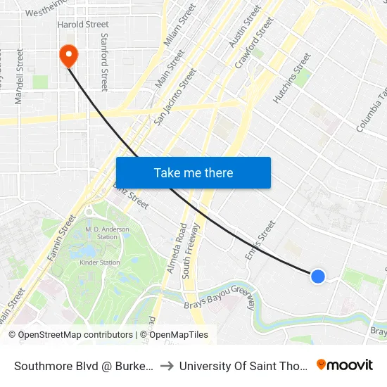 Southmore Blvd @ Burkett St to University Of Saint Thomas map
