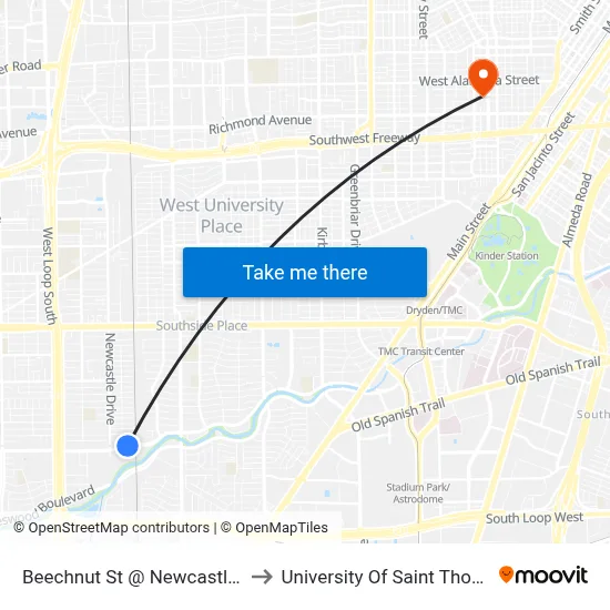 Beechnut St @ Newcastle Dr to University Of Saint Thomas map