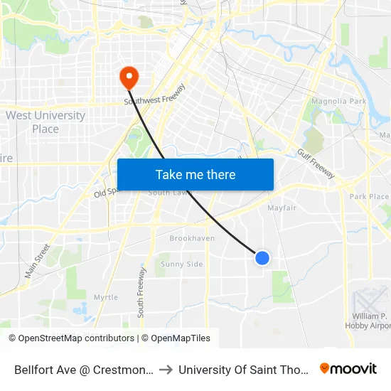 Bellfort Ave @ Crestmont St to University Of Saint Thomas map