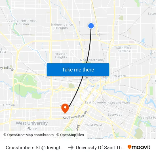 Crosstimbers St @ Irvington Blvd to University Of Saint Thomas map