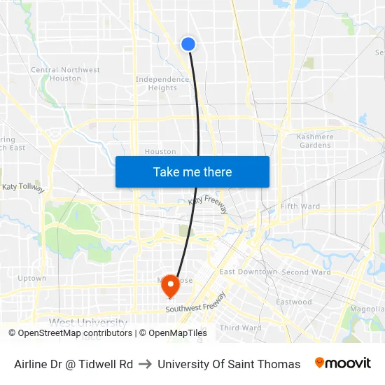 Airline Dr @ Tidwell Rd to University Of Saint Thomas map