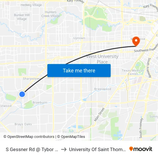S Gessner Rd @ Tybor Dr to University Of Saint Thomas map