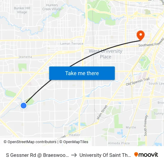 S Gessner Rd @ Braeswood Blvd to University Of Saint Thomas map