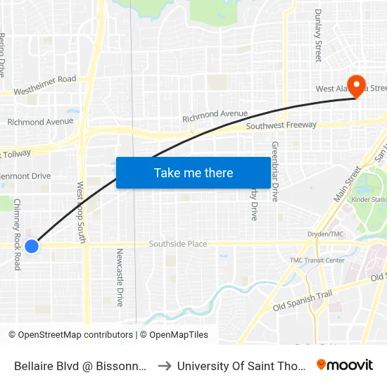 Bellaire Blvd @ Bissonnet St to University Of Saint Thomas map