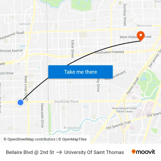 Bellaire Blvd @ 2nd St to University Of Saint Thomas map