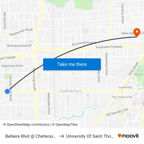 Bellaire Blvd @ Chetwood Dr to University Of Saint Thomas map