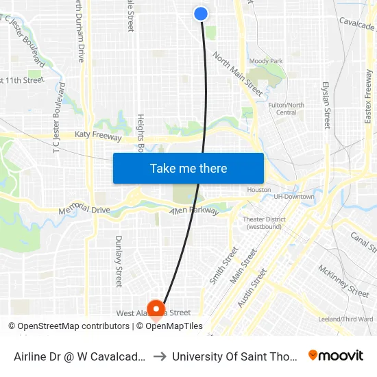 Airline Dr @ W Cavalcade St to University Of Saint Thomas map