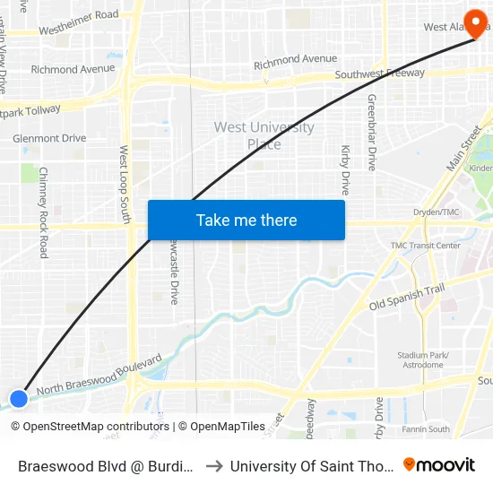 Braeswood Blvd @ Burdine St to University Of Saint Thomas map