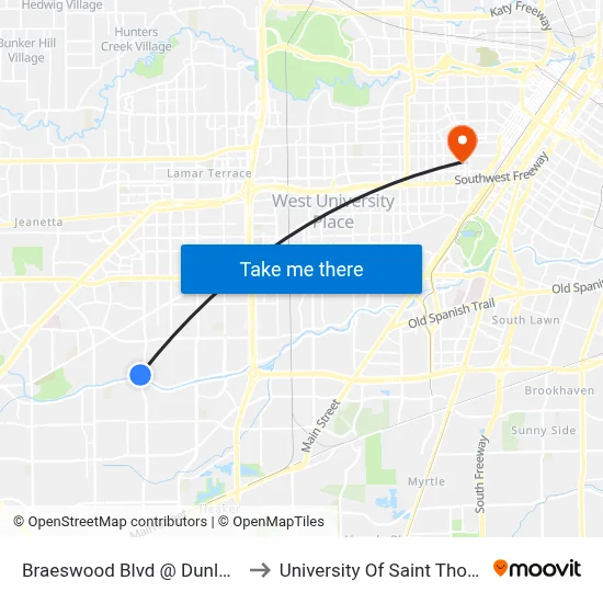 Braeswood Blvd @ Dunlap St to University Of Saint Thomas map