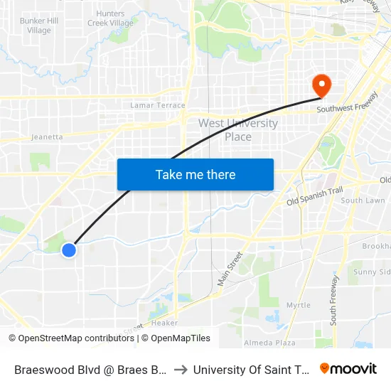 Braeswood Blvd @ Braes Bayou Dr to University Of Saint Thomas map