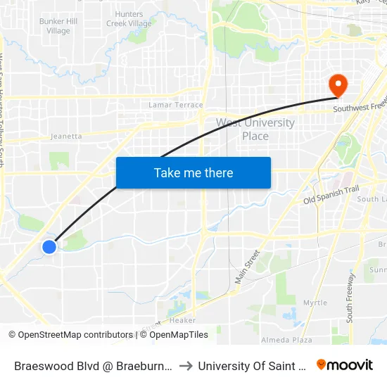 Braeswood Blvd @ Braeburn Glen Blvd to University Of Saint Thomas map
