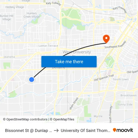 Bissonnet St @ Dunlap St to University Of Saint Thomas map