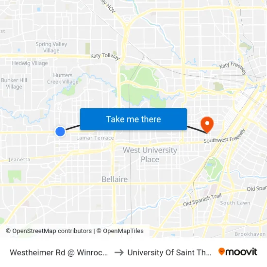 Westheimer Rd @ Winrock Blvd to University Of Saint Thomas map