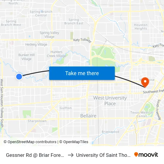 Gessner Rd @ Briar Forest Dr to University Of Saint Thomas map