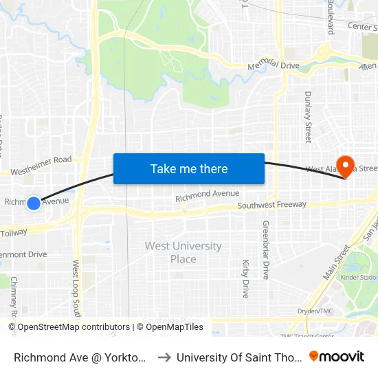 Richmond Ave @ Yorktown St to University Of Saint Thomas map
