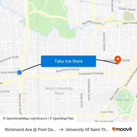 Richmond Ave @ Post Oak Blvd to University Of Saint Thomas map