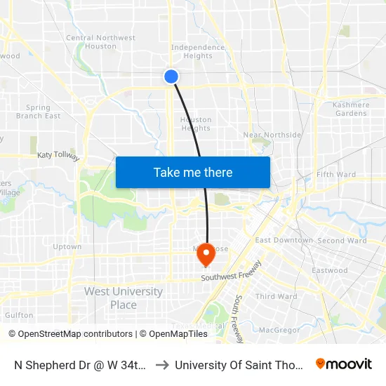 N Shepherd Dr @ W 34th St to University Of Saint Thomas map