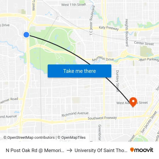 N Post Oak Rd @ Memorial Dr to University Of Saint Thomas map