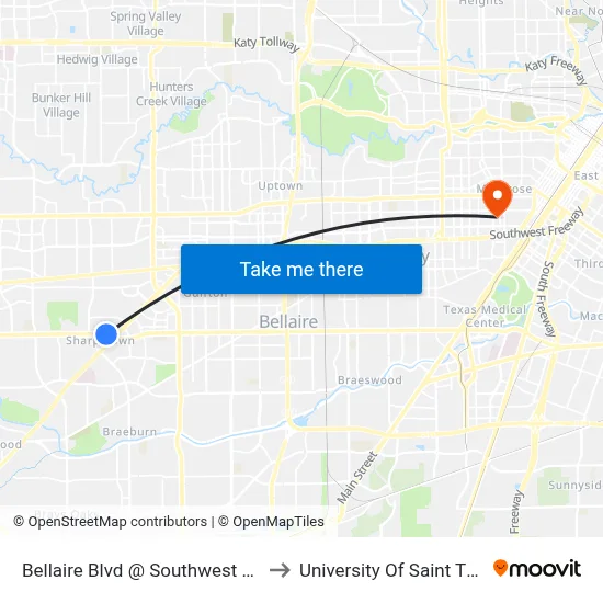 Bellaire Blvd @ Southwest Freeway to University Of Saint Thomas map