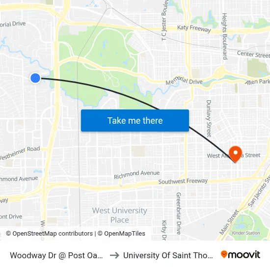 Woodway Dr @ Post Oak Ln to University Of Saint Thomas map