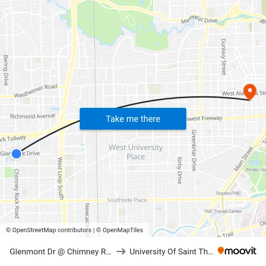 Glenmont Dr @ Chimney Rock Rd to University Of Saint Thomas map