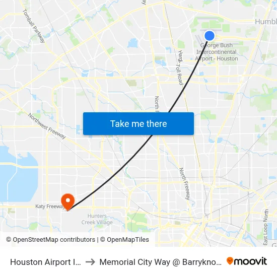 Houston Airport IAH to Memorial City Way @ Barryknoll Ln map