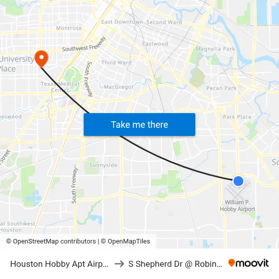 Houston Hobby Apt Airport HOU to S Shepherd Dr @ Robinhood St map