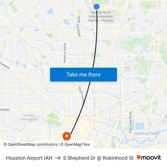 Houston Airport IAH to S Shepherd Dr @ Robinhood St map