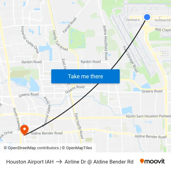 Houston Airport IAH to Airline Dr @ Aldine Bender Rd map