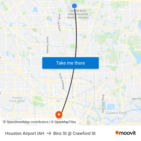 Houston Airport IAH to Binz St @ Crawford St map