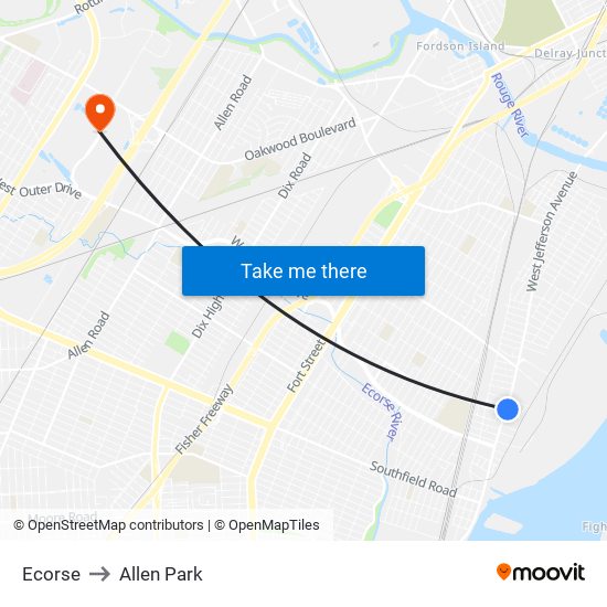 Ecorse to Allen Park map