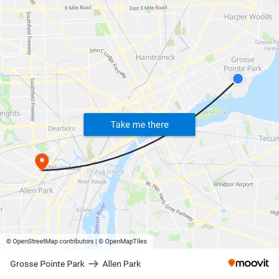 Grosse Pointe Park to Allen Park map