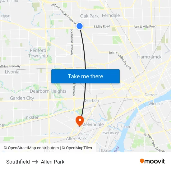 Southfield to Allen Park map