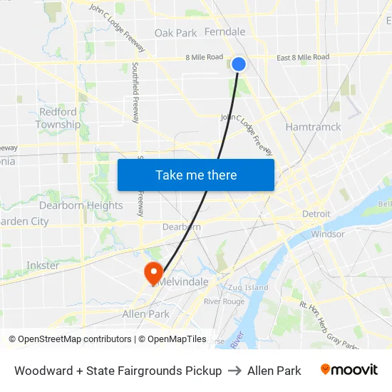 Woodward + State Fairgrounds Pickup to Allen Park map