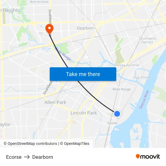 Ecorse to Dearborn map