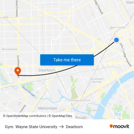 Gym. Wayne State University to Dearborn map