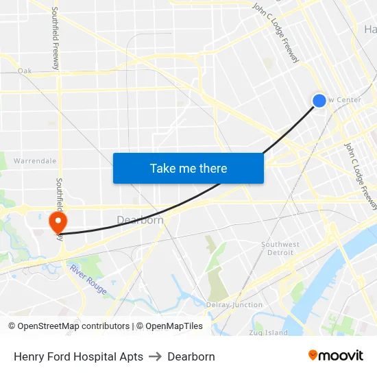 Henry Ford Hospital Apts to Dearborn map