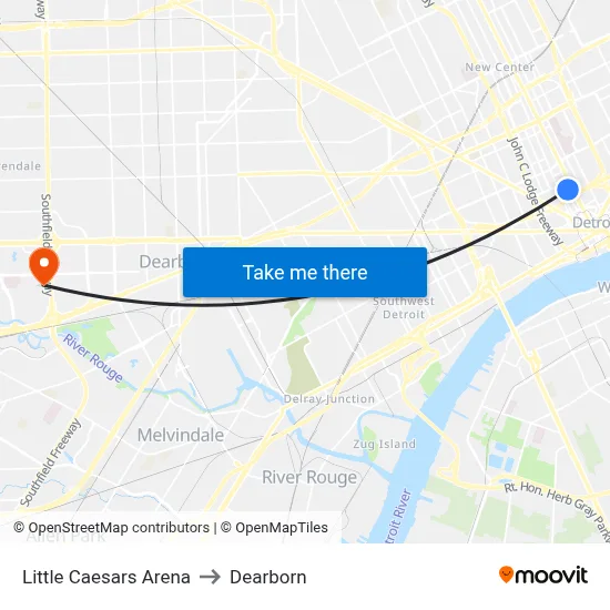 Little Caesars Arena to Dearborn map