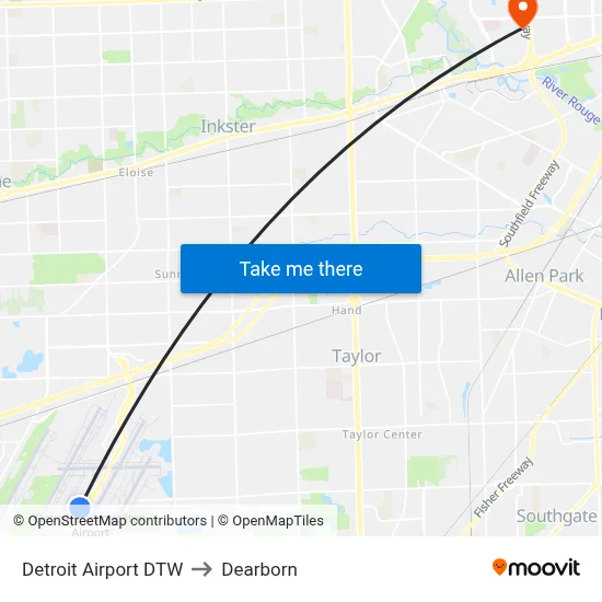 Detroit Airport DTW to Dearborn map